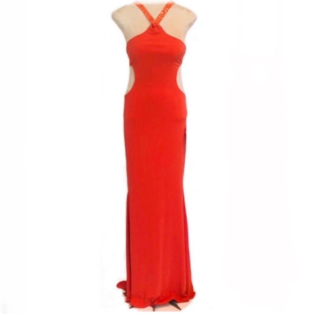 NWT JOVANI BURNT ORANGE JEWELED STRAPPED MAXI GOWN